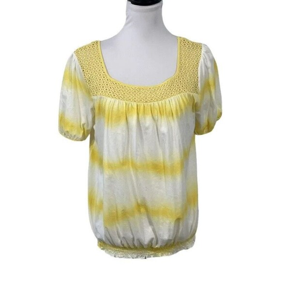 Emma James Knit Top Blouse L Yellow & White Tie Dye Striped Lace Neck Summery - Picture 1 of 11